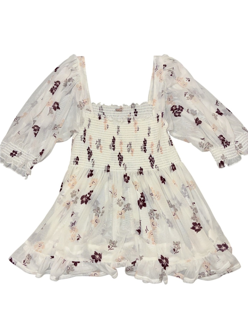 Free People White Sheer Floral Smocked top with Plum Blooms